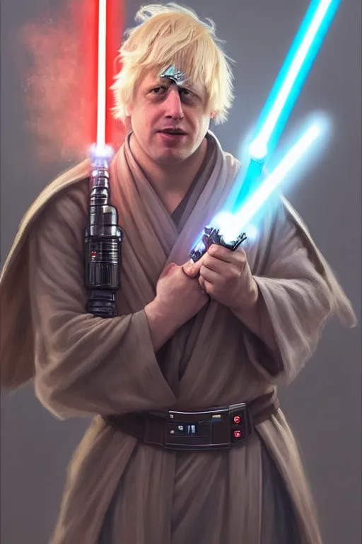 Image similar to Boris Johnson as a Jedi from Star Wars, Union Jack light saber, realistic portrait, symmetrical, highly detailed, digital painting, artstation, concept art, smooth, sharp focus, illustration, cinematic lighting, art by artgerm and greg rutkowski and alphonse mucha