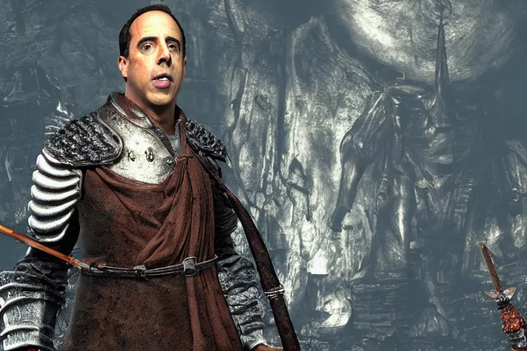 Image similar to jerry seinfeld!!!!!! standing in firelink shrine from dark souls