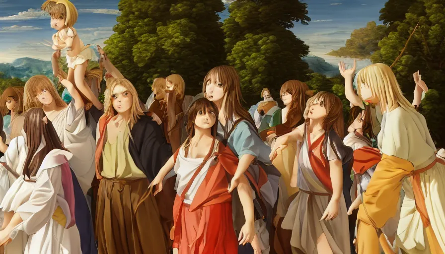Image similar to jesus christ our lord being carried by cute lightly dressed anime girls, photorealistic, anime, mini skirt, long hair, renaissance painting, hyper real, detailed, wide angle shot, ultra detailed