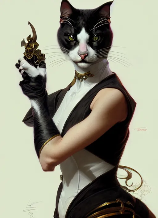 Image similar to cat with tuxedo markings, fantasy, intricate, elegant, hyper detailed, ultra definition, photoreal, artstation, unreal engine rendered, concept art, smooth, sharp focus, illustration, art by artgerm and greg rutkowski and alphonse mucha and garis edelweiss