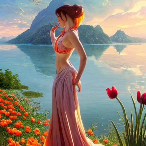 Prompt: orange Tulip with a lake view, intricate, highly detailed, digital painting, artstation, concept art, smooth, sharp focus, illustration, Unreal Engine 5, 8K, art by artgerm and greg rutkowski and alphonse mucha