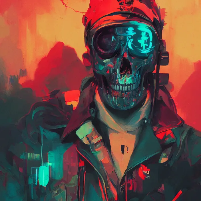 Image similar to a colorful comic noir illustration painting of a cyberpunk skull by sachin teng, sergey kolesov, greg rutkowski, in style of digital art. hyper detailed, sharp focus, soft light. octane render. ray tracing. trending on artstation