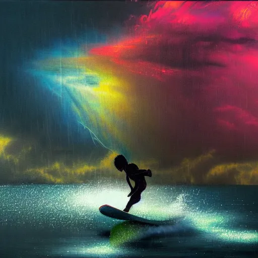 Prompt: a black boy with dreadlocks wakeboarding in a violent thunderstorm at night, dramatic lighting , synthwave colorscheme, by h.r. giger and thomas kinkade oil on canvas, 8k