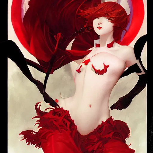Prompt: a girl with red hair, red eyes, demon horns and a tail with a devious grin. By JC Leyendecker Phuoc Quan. Makoto shinkai