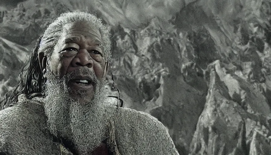 Prompt: morgan freeman as gimli in lord of the rings, cnn news footage taken from above.