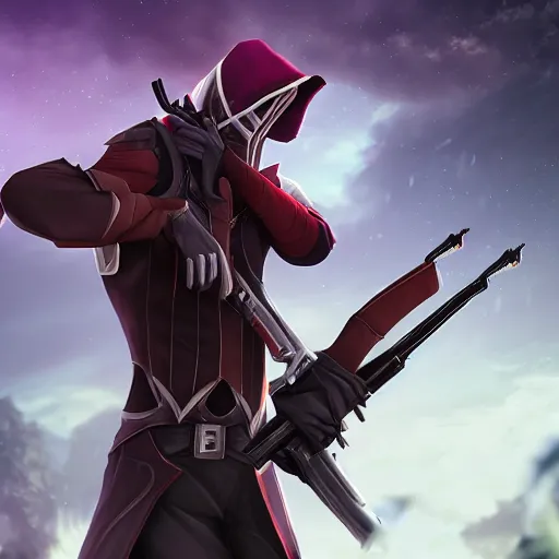 Image similar to jhin from league of legends with his rifle, cinematic shot, 4k detailed, digital art