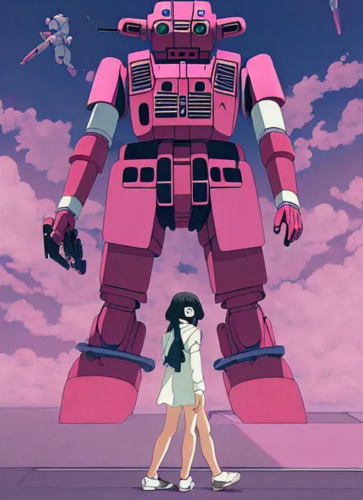 Image similar to Artwork by James Jean, Phil noto and hiyao Miyazaki; a young Japanese future samurai police girl named Yoshimi battles an enormous looming evil natured carnivorous pink gundam robot on the streets of Tokyo; Japanese shops and neon signage; crowds of people running; Art work by studio ghibli, Phil noto and James Jean