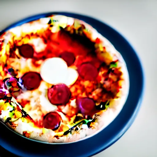 Prompt: dslr food photograph of a coffee cup filled with pizza hawaii and a spoon dipped in it, 8 5 mm f 1. 8