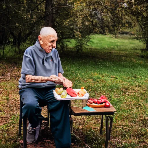 Prompt: An elderly man posting a sausage, Canon EOS R3, f/1.4, ISO 200, 1/160s, 8K, RAW, unedited, symmetrical balance, in-frame