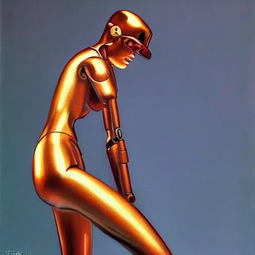 Prompt: a robot woman, edward hopper, hajime sorayama, trending on artstation,