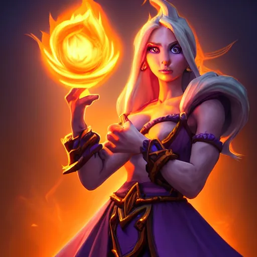 Prompt: Hearthstone official professional art. A sorceress, wearing a robe casting a fire ball. Insanely logical & professional physical body parts (face, arms, legs, hair, eyes). Full body realistic, sharp focus, 8k high definition, insanely detailed, intricate, elegant, smooth, sharp focus, illustration, ArtStation