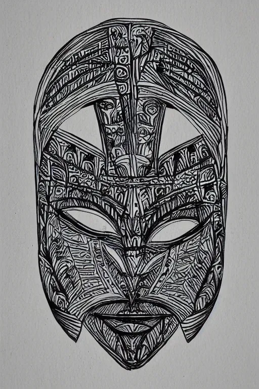 Prompt: single line sketch of elaborate tribal mask, scribble sketch, small details