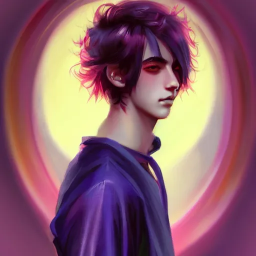 Image similar to colorful and Festive Captivating teenager boy with straight indigo hair, purple eyes with red eye markers, slim body, wearing a detailed Japanese kimono. rich vivid colors, ambient lighting, dynamic lighting, 4k, atmospheric lighting, painted, intricate, highly detailed by Charlie Bowater