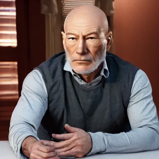 Image similar to a man who is a genetic combination of patrick stewart and jonathan frakes and levar burton and michael dorn and brent spiner, face and upper - body focus, detailed eyes