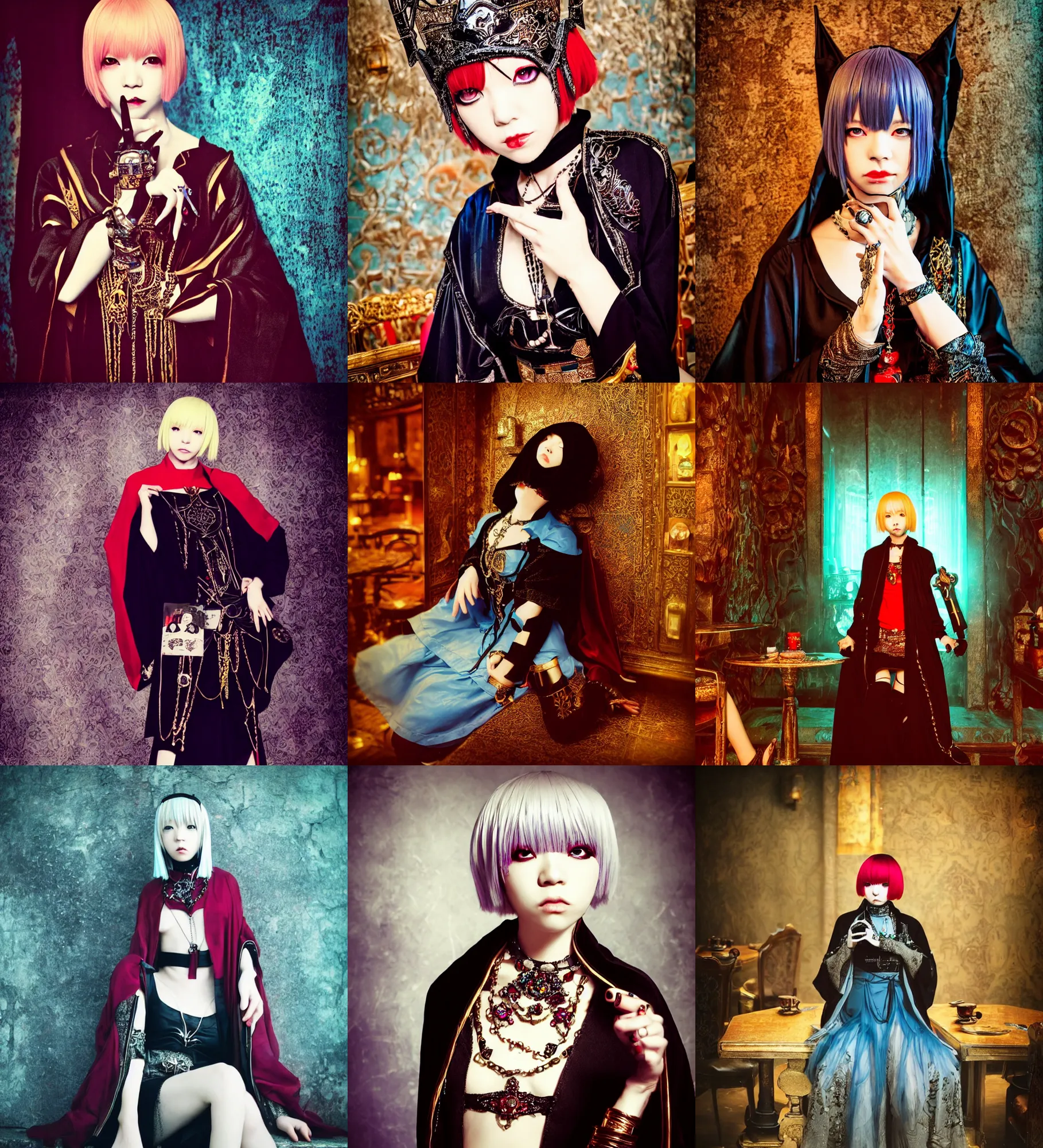 Prompt: lomography, full body portrait photo of women like reol from a distance as a warlock wearing ornate gems and black robe sitting in a medieval fantasy cafe interior, moody, realistic, dynamic perspective pose, light blue filter, skin tinted a warm tone, hdr, rounded eyes, detailed facial features, red black gold