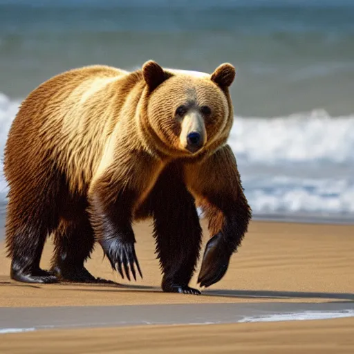 Prompt: photo of a bear wearing subclasses and shorts walking on a beach.