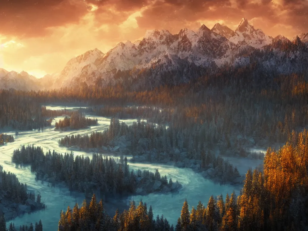 Prompt: epic crystalline taiga with a river, golden hour, distant mountains, atmospheric perspective, cinematic, 3 5 mm lens, photographic, octane render, cinematography by roger deakins, in the style of ansel adams