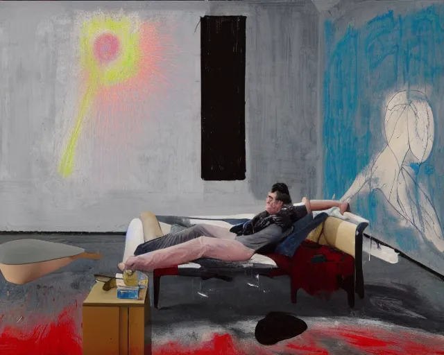 Image similar to a man reclines on a sofa in a domestic interior by james jean and luc tuymans and beeple and hernan bas and pat steir and hilma af klint, psychological, 3 d, dripping paint, high quality render, masterpiece