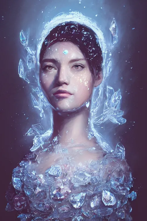 Image similar to A fancy portrait of a women with a crystal covered face by Greg Rutkowski, beeple, Sung Choi, Mitchell Mohrhauser, Maciej Kuciara, Johnson Ting, Maxim Verehin, Peter Konig, final fantasy, macro lens, 35mm, 8k photorealistic, cinematic lighting, HD, high details, dramatic, dark atmosphere, trending on artstation