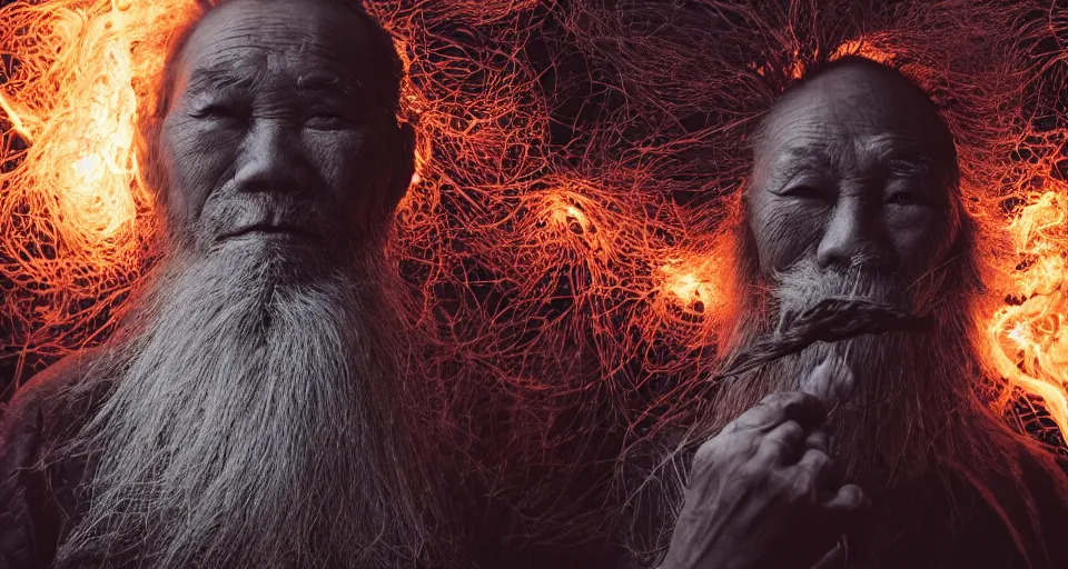 Image similar to full body shot of old asian man with long beard, his head covered in roots, full face occult silver mask, bright multiple glowing eyes, holding a large carved wooden dark fractal stick, thick smoke around him, in the burning soil desert, cinematic shot, wide angle, dark desert background, volumetric lighting by Denis Villeneuve, Lubezki, Gaspar Noe, Christopher Doyle and Alejandro Jodorowsky, anamorphic lens, anamorphic lens flares, kodakchrome, cinematic composition, practical effects, award winning photo, 8k