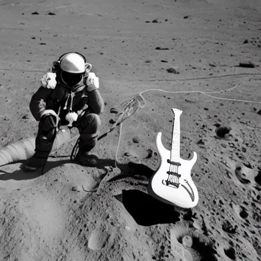 Prompt: a hard-hat suit/standard diving dress/copper hat equipment/ heavy gear holding a stratocaster electric guitar on the moon