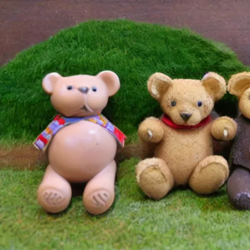 Image similar to teddy bears picnic in the style of carol lawson, as clay figures,