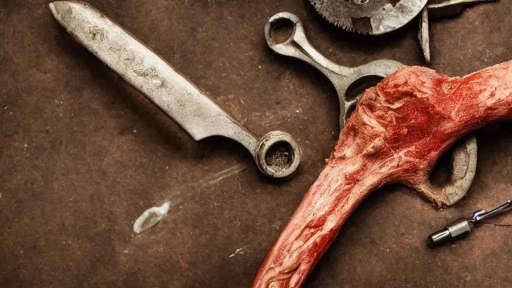 Image similar to A wrench , tool , made from human skin and flesh