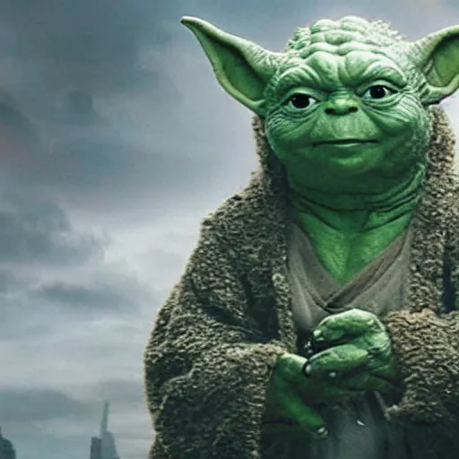 Image similar to movie still of godzilla yoda yoda destroying tokyo in the new movie, giant yoda