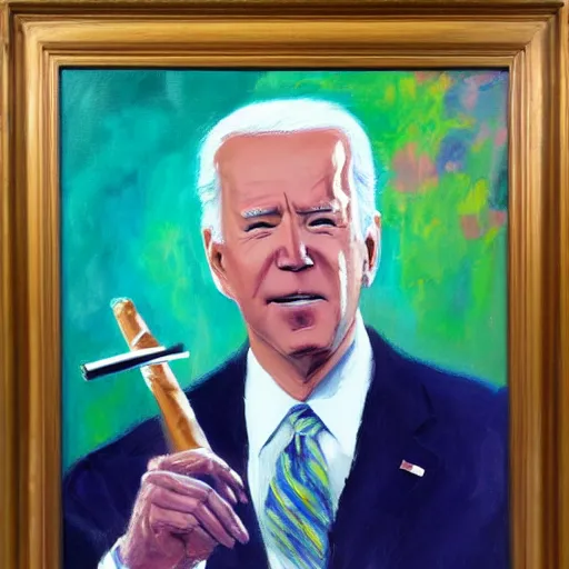 Prompt: oil painting of joe biden smoking a cigar, bright, impressionist colors