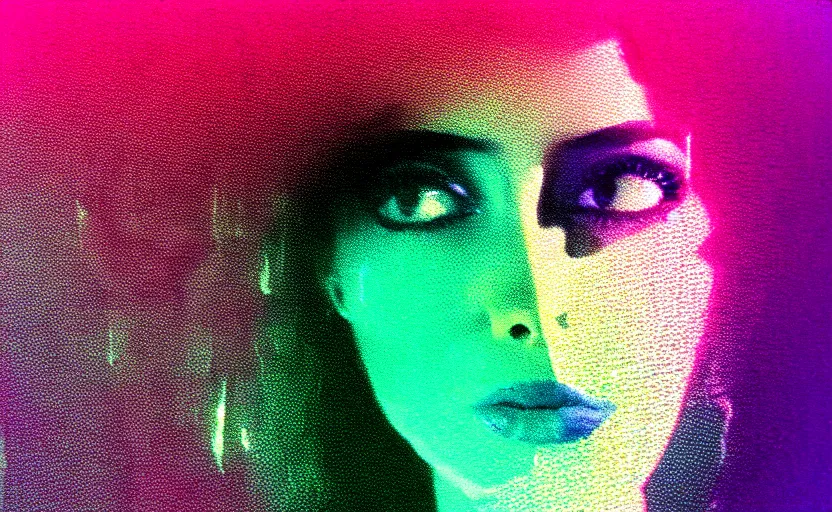 Prompt: vhs glitch art portrat of a lost strange woman hidden underneath a sheet, foggy environment, static colorful noise glitch olumetric light, by bekinski, unsettling moody vibe, vcr tape, 1 9 8 0 s analog video, vaporwave aesthetic, directed by david lynch, colorful static, datamosh, pixel stretching