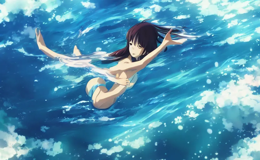 Image similar to An anime girl diving into a pool of water, anime scene by Makoto Shinkai, digital art
