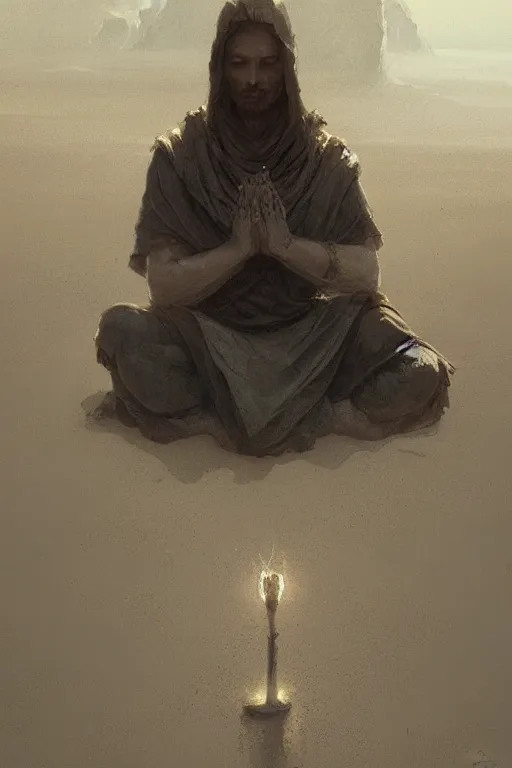 Image similar to lonely wanderer sitting at lap praying in desert, lit by the light of gods, abandoned by gods, hyperdetailed artstation cgsociety by greg rutkowski and by Gustave Dore