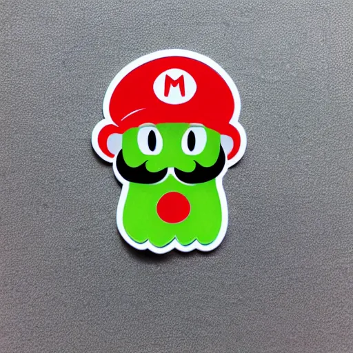 Image similar to die cut sticker, yoshi wearing mario's mustache, splatter paint