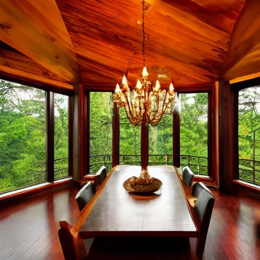 Prompt: photo of a beautiful wooden dining room with a window with a view of a rainy european forest at night,, beautiful view,winning award photo,4k,ambient lighting, chill out, relaxing