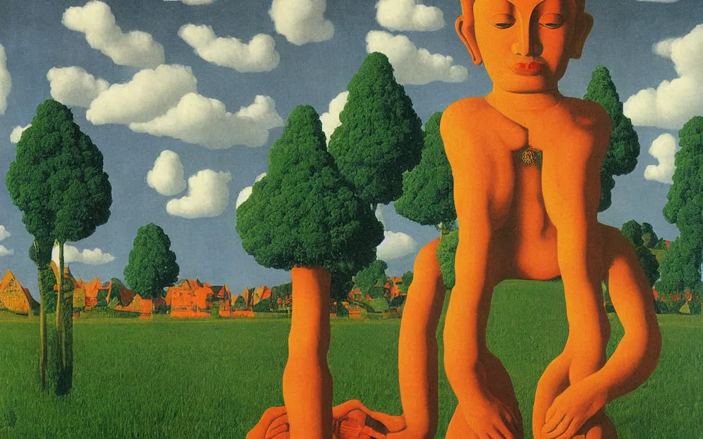 Image similar to hindu god in golden meadow, detailed painting by rene magritte