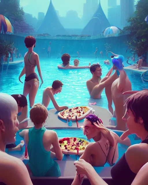 Image similar to highly detailed surreal vfx portrait of a pizza pool party, stephen bliss, unreal engine, greg rutkowski, loish, rhads, beeple, makoto shinkai and lois van baarle, ilya kuvshinov, rossdraws, tom bagshaw, global illumination, detailed and intricate environment