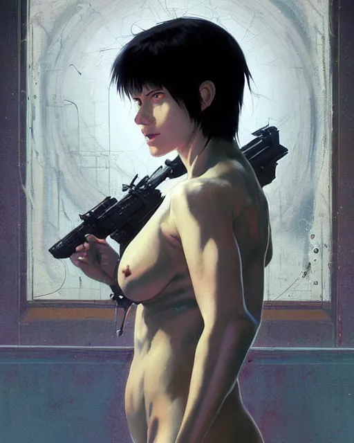 Prompt: a highly detailed epic cinematic concept art CG render digital painting artwork: Ghost in the shell. By Greg Rutkowski, in the style of Francis Bacon and Syd Mead and Norman Rockwell and Beksinski, open ceiling, highly detailed, painted by Francis Bacon and Edward Hopper, painted by James Gilleard, surrealism, airbrush, Ilya Kuvshinov, WLOP, Stanley Artgerm, very coherent, triadic color scheme, art by Takato Yamamoto and James Jean