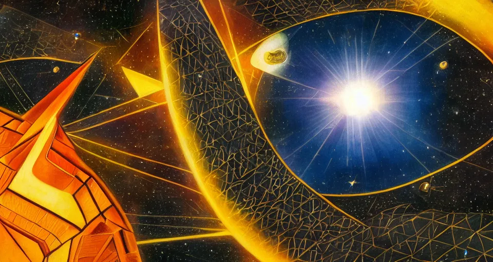 Image similar to hexagonal solar sail in space, blocking the sun, earth in the foreground, art deco painting