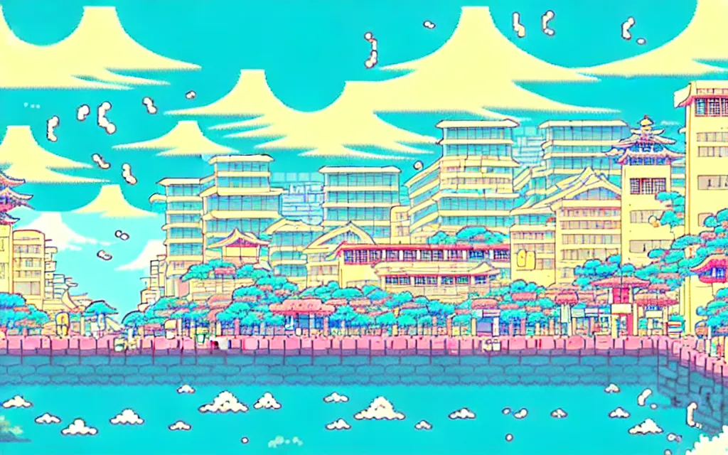 Image similar to a japanese city near the sea, lofi, dreamy, moody, very colorful, anime inspiration, ghibli vibe, pixelart