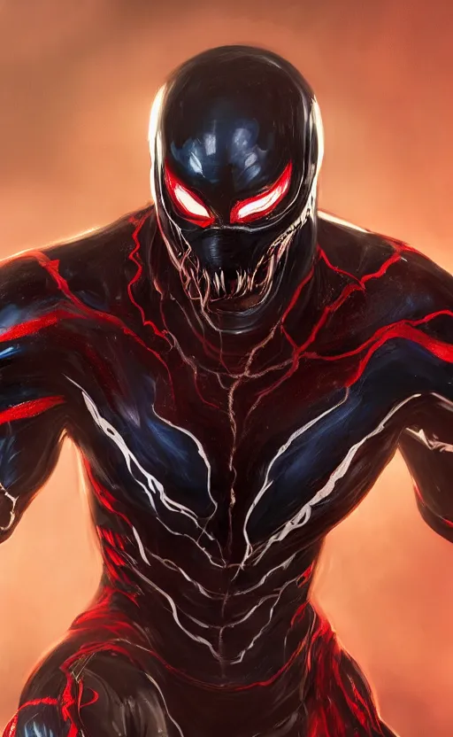 Image similar to venom in a venom inspired ironman suit, black and red, dynamic lighting, photorealistic fantasy concept art, trending on art station, stunning visuals, terrifying, creative, cinematic