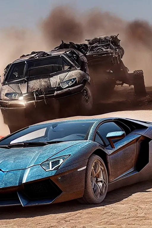 Image similar to Lamborghini Aventador in Mad Max Fury Road.