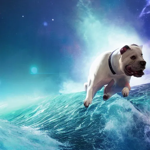 Prompt: photo of gray coat pit bull with white paws surfing a surfboard on a crashing l wave of alien ocean in space, background is an alien galaxy, aliens in the background, alien colors, octane render, unreal engine, wide view, 8 k, high detaild