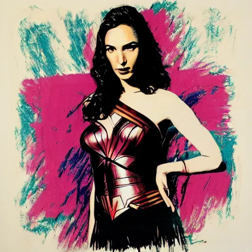 Prompt: gal gadot, portrait by andy warhol, color