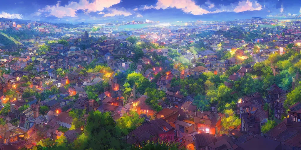 Image similar to beautiful view of a town from a hill, award - winning digital art, anime