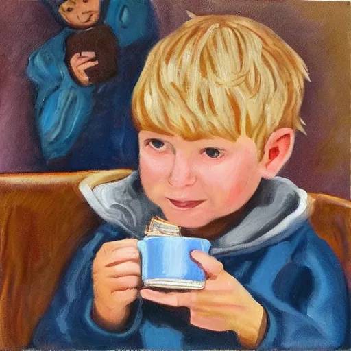 Image similar to little boy drinking hot chocolate and looking at his father wallet he hold in hand. in the background the father looking for his wallet. painting.