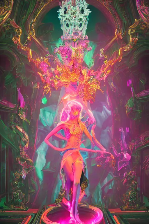 Image similar to photo of fullbody rococo and cyberpunk delicate neon crystalline sculpture of seductive muscular onyx albino marble prince joe jonas teal iridescent humanoid deity wearing hotpink plastic hooded cloak holding an onyx skull in a ruby space dungeon, reclining, glowing orange face, crown of white skulls, cinematic lighting, photorealistic, octane render 8 k depth of field 3 d