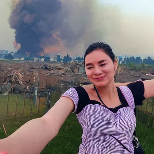 Prompt: girl taking selfie while bombs fall city burns in background