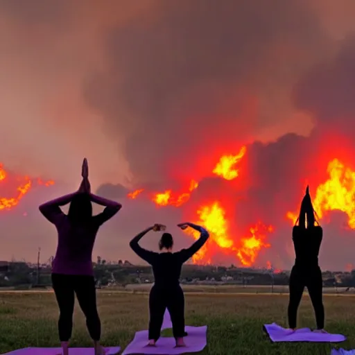 Image similar to realistic photo, destroyed city on fire with red flames in the background, calm people practicing yoga at the top of a hill in the foreground, apocalyptic atmosphere, smoke in the sky