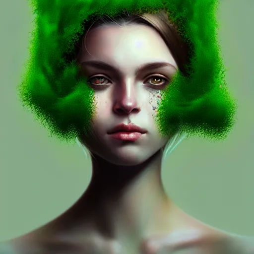 Image similar to a portrait of a girl covered in moss, face, intricate, elegant, highly detailed, digital painting, artstation, concept art, smooth, sharp