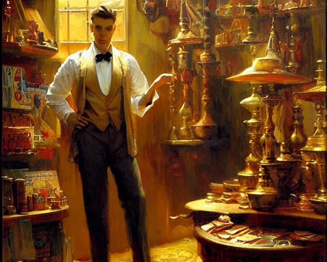 Image similar to attractive magician man, in magic shop. highly detailed painting by gaston bussiere, craig mullins, j. c. leyendecker